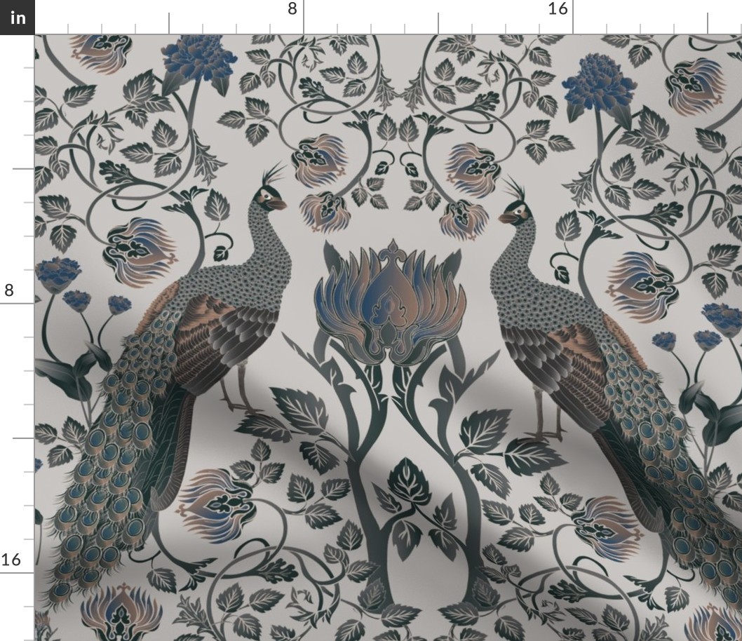  peacocks and flowers on grey with gold outlines, blue tone