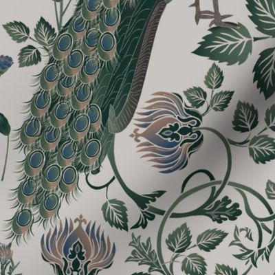  peacocks and flowers on grey with gold outlines, green tone