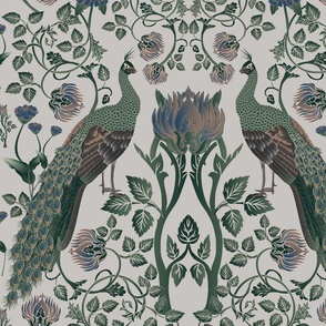  peacocks and flowers on grey with gold outlines, green tone