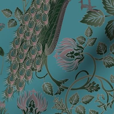  peacocks and flowers on teal with gold outlines