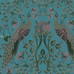  peacocks and flowers on teal with gold outlines