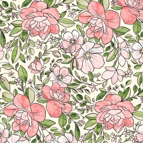 A Vintagey Botanical Floral in Pink and Green 