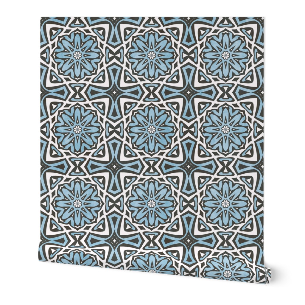 Victorian Stained Glass Floral in Blue, Grey and White