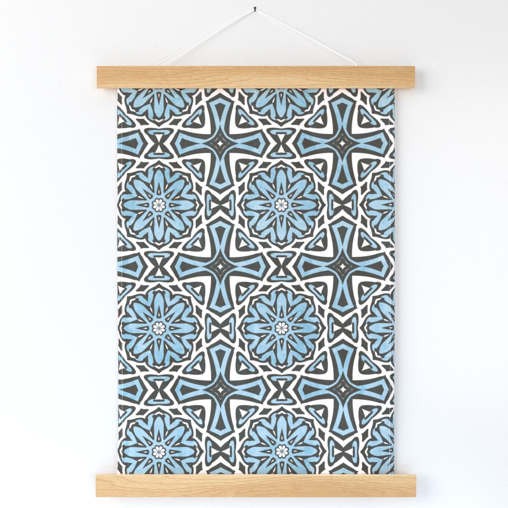 Victorian Stained Glass Floral in Blue, Grey and White