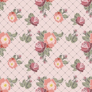 Roses on a pink Trellis background 