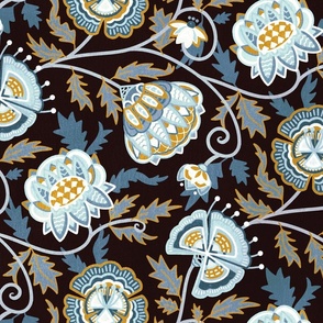 Rococo Floral - Blue, Gold - Medium Scale