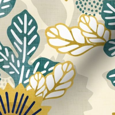 Victorian Floral- Vintage Japanese Flowers- Bohemian Vines- Extra Large- Gold and Teal on Tan- Goldenrod- Yellow- Green- Navy Blue- Indigo Blue Fabric- Denim Blue- boho Garden- Wallpaper- Home Decor