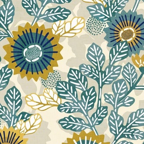 Victorian Floral- Vintage Japanese Flowers- Bohemian Vines- Extra Large- Gold and Teal on Tan- Goldenrod- Yellow- Green- Navy Blue- Indigo Blue Fabric- Denim Blue- boho Garden- Wallpaper- Home Decor