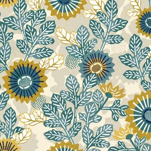 Victorian Floral- Vintage Japanese Flowers- Bohemian Vines- Large- Gold and Teal on Tan- Goldenrod- Yellow- Green- Navy Blue- Indigo Blue Fabric- Denim Blue- boho Garden- Wallpaper- Home Decor