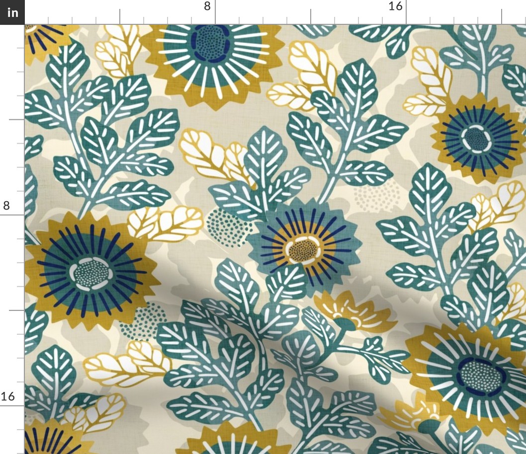 Victorian Floral- Vintage Japanese Flowers- Bohemian Vines- Large- Gold and Teal on Tan- Goldenrod- Yellow- Green- Navy Blue- Indigo Blue Fabric- Denim Blue- boho Garden- Wallpaper- Home Decor