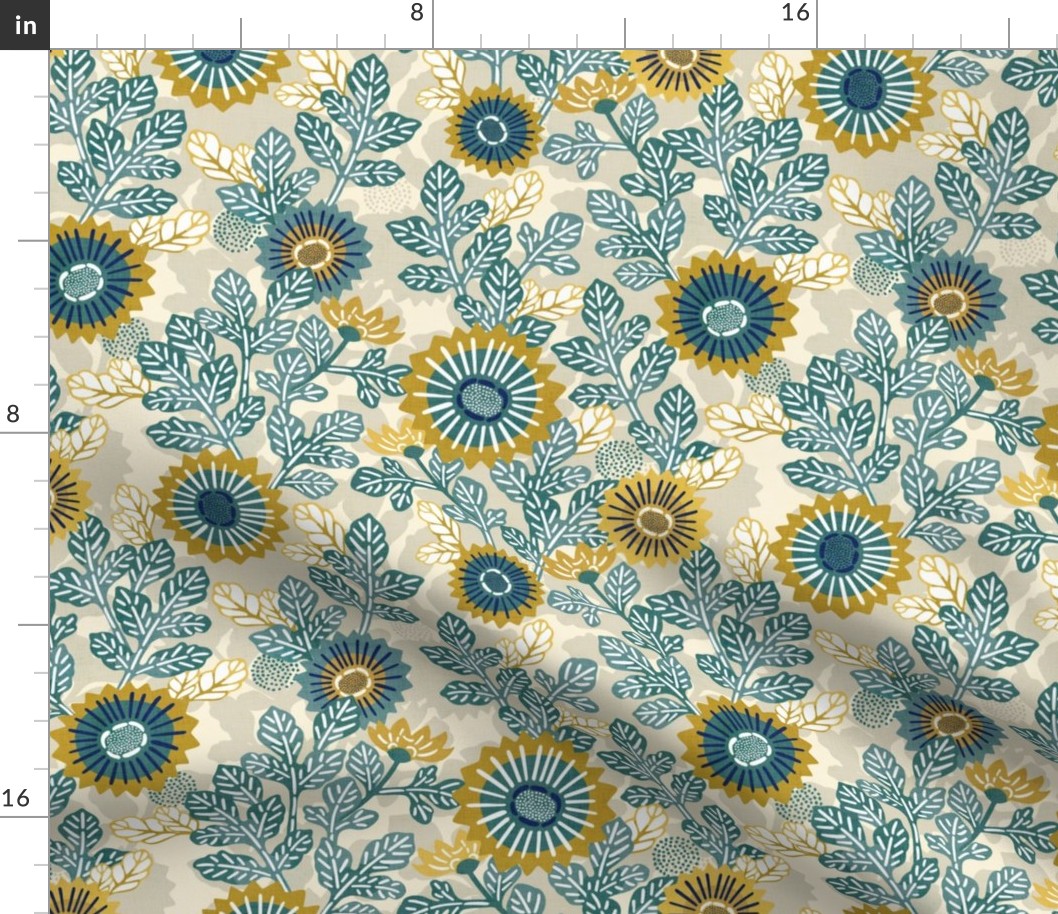 Victorian Floral- Vintage Japanese Flowers- Bohemian Vines- Small- Gold and Teal on Tan- Goldenrod- Yellow- Green- Navy Blue- Indigo Blue Fabric- Denim Blue- boho Garden- Wallpaper- Home Decor