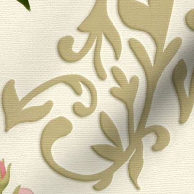 Victorian era floral with pink roses bouquet damask pattern (large wallpaper size version)