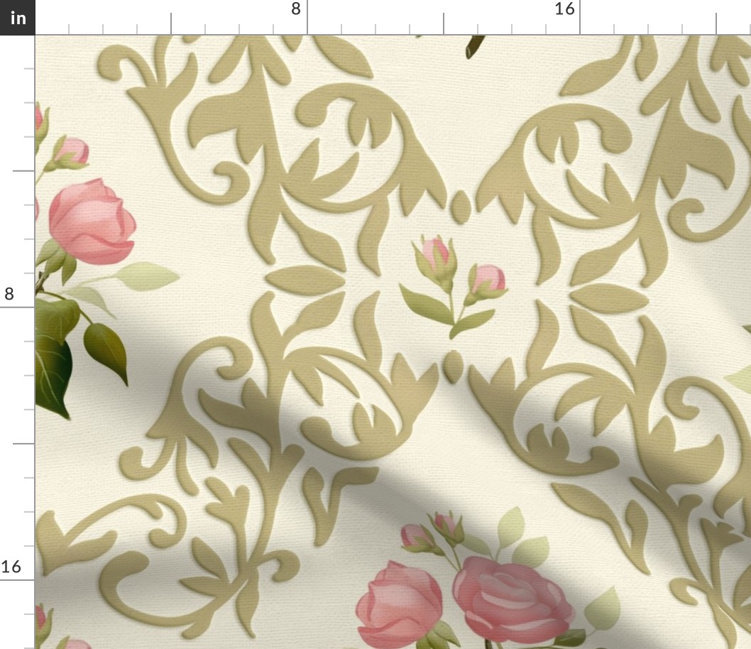 Victorian era floral with pink roses bouquet damask pattern (large wallpaper size version)