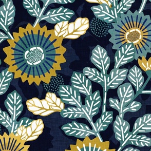 Victorian Floral- Vintage Japanese Garden- Gold and Teal on Blue- Extra Large- Teal- Navy Blue- Indigo Blue Fabric- Denim Blue-Bohemian- Wallpaper- Home Decor-