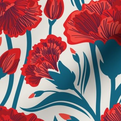 Red carnation flowers // normal scale // beige background vivid red coral and peacock blue clove flowers