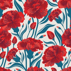 Red carnation flowers // normal scale // beige background vivid red coral and peacock blue clove flowers
