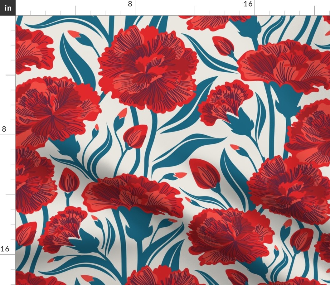 Red carnation flowers // normal scale // beige background vivid red coral and peacock blue clove flowers