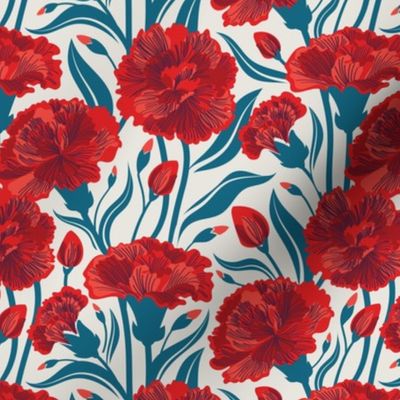 Small scale // Red carnation flowers // beige background vivid red coral and peacock blue clove flowers