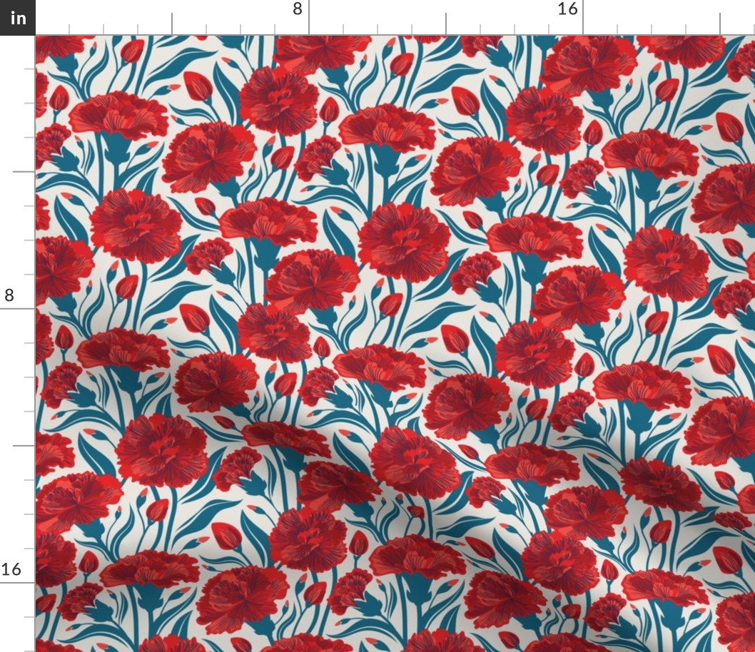 Small scale // Red carnation flowers // beige background vivid red coral and peacock blue clove flowers