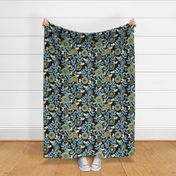 Victorian Floral- Vintage Japanese Garden- Gold and Teal on Blue- Medium- Teal- Navy Blue- Indigo Blue Fabric- Denim Blue-Bohemian- Wallpaper- Home Decor-