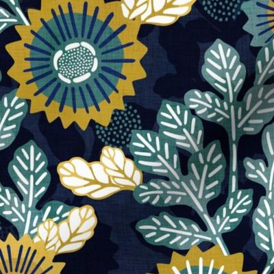 Victorian Floral- Vintage Japanese Garden- Gold and Teal on Blue- Medium- Teal- Navy Blue- Indigo Blue Fabric- Denim Blue-Bohemian- Wallpaper- Home Decor-