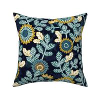 Victorian Floral- Vintage Japanese Garden- Gold and Teal on Blue- Medium- Teal- Navy Blue- Indigo Blue Fabric- Denim Blue-Bohemian- Wallpaper- Home Decor-