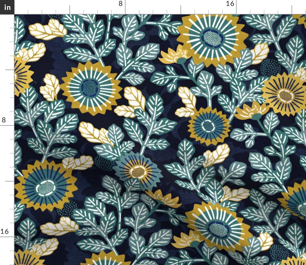 Victorian Floral- Vintage Japanese Garden- Gold and Teal on Blue- Medium- Teal- Navy Blue- Indigo Blue Fabric- Denim Blue-Bohemian- Wallpaper- Home Decor-