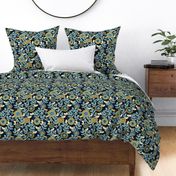 Victorian Floral- Vintage Japanese Garden- Gold and Teal on Blue- Small- Teal- Navy Blue- Indigo Blue Fabric- Denim Blue-Bohemian- Wallpaper- Home Decor-