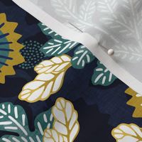 Victorian Floral- Vintage Japanese Garden- Gold and Teal on Blue- Small- Teal- Navy Blue- Indigo Blue Fabric- Denim Blue-Bohemian- Wallpaper- Home Decor-