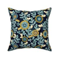 Victorian Floral- Vintage Japanese Garden- Gold and Teal on Blue- Small- Teal- Navy Blue- Indigo Blue Fabric- Denim Blue-Bohemian- Wallpaper- Home Decor-