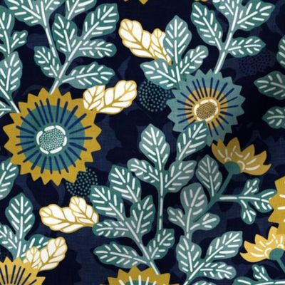 Victorian Floral- Vintage Japanese Garden- Gold and Teal on Blue- Small- Teal- Navy Blue- Indigo Blue Fabric- Denim Blue-Bohemian- Wallpaper- Home Decor-