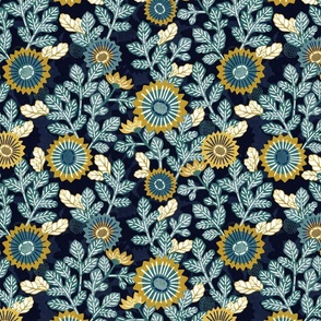Victorian Floral- Vintage Japanese Garden- Gold and Teal on Blue- Small- Teal- Navy Blue- Indigo Blue Fabric- Denim Blue-Bohemian- Wallpaper- Home Decor-