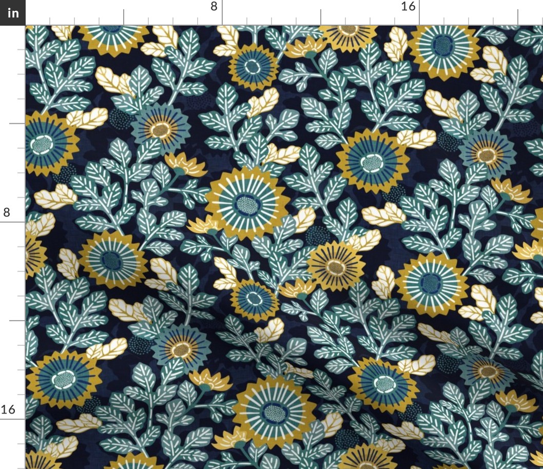 Victorian Floral- Vintage Japanese Garden- Gold and Teal on Blue- Small- Teal- Navy Blue- Indigo Blue Fabric- Denim Blue-Bohemian- Wallpaper- Home Decor-