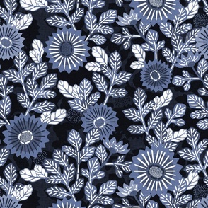 Victorian Floral- Vintage Japanese Garden- Indigo Blue- Medium- Navy Blue- Denim Blue-Bohemian Kimono- Wallpaper- Home Decor-