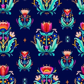 Otherworldly Color Gouache Folk Floral Pattern // © ZirkusDesign Hand painted fantasy florals // dark navy ground