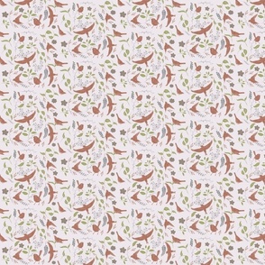 Backyard birds with leaves on pale pastel pink background//small birds, flying birds, sheet set design, leaves with berries, laundry room pattern