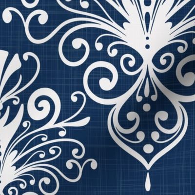 victorian era floral ornaments - white ornament on blue - indigo blue damask wallpaper