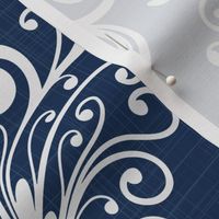 victorian era floral ornaments - white ornament on blue - indigo blue damask wallpaper