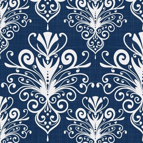 victorian era floral ornaments - white ornament on blue - indigo blue damask wallpaper