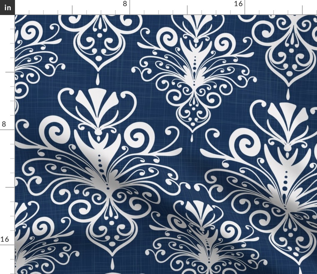 victorian era floral ornaments - white ornament on blue - indigo blue damask wallpaper