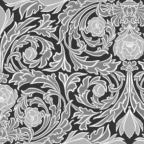 Victorian Floral Damask in Grey - Large Scale