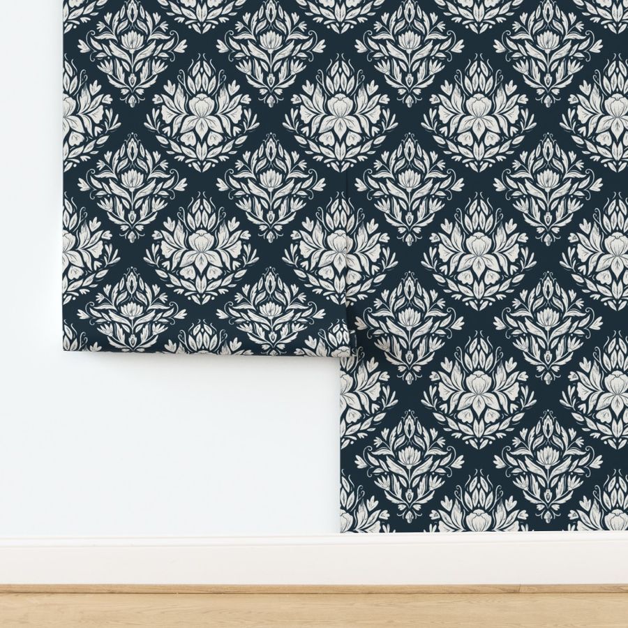 Victorian Era Damask Floral - navy and Wallpaper | Spoonflower