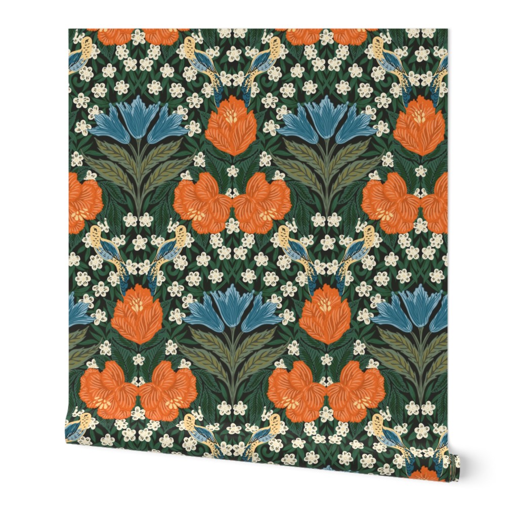 Humming bird paradise Victorian floral - blue, orange and green // big scale