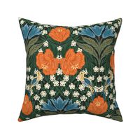 Humming bird paradise Victorian floral - blue, orange and green // big scale