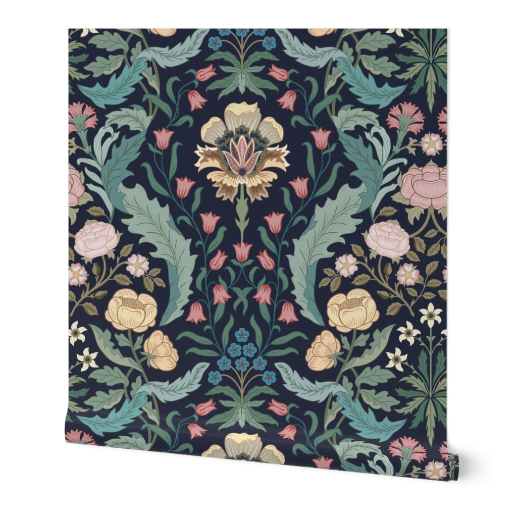 Victorian era floral with roses, carnations, forget-me-nots on deep navy blue - arts and crafts style - jumbo (24 inch W)