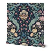 Victorian era floral with roses, carnations, forget-me-nots on deep navy blue - arts and crafts style - jumbo (24 inch W)