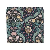 Victorian era floral with roses, carnations, forget-me-nots on deep navy blue - arts and crafts style - jumbo (24 inch W)