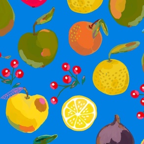 Painted apples, oranges, pears, figs, lemons, clementines and red berries on a medium blue background - large