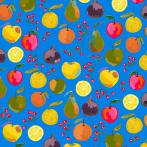 Painted apples, oranges, pears, figs, lemons, clementines and red berries on a medium blue background - small