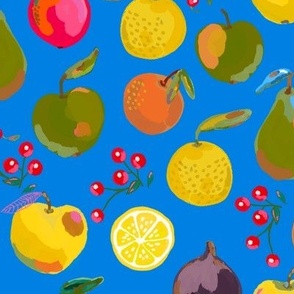 Painted apples, oranges, pears, figs, lemons, clementines and red berries on a medium blue background - medium